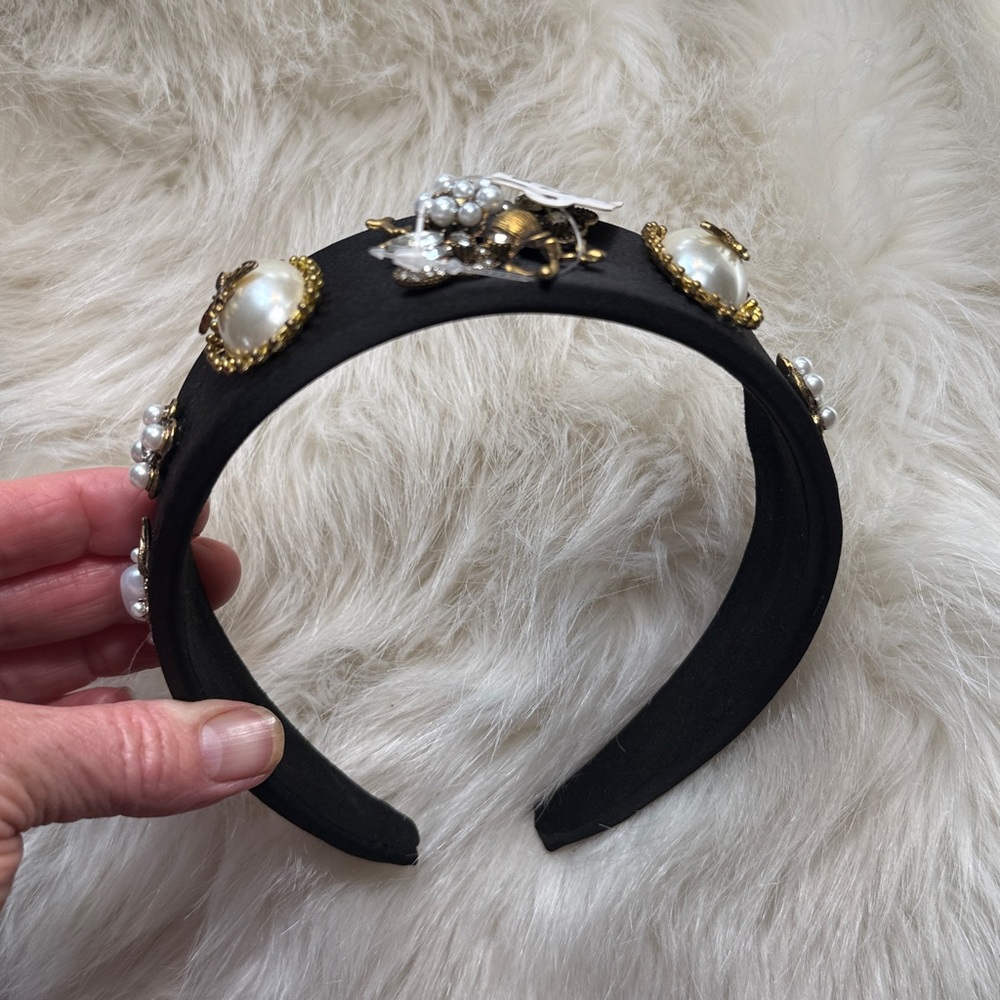 Bee pearl Headband black baroque inspired faux pearls gold tone Victorian *flaw - Picture 9 of 17